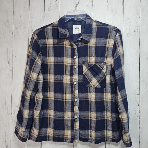 Aerie Plaid Button Down Shirt Cotton Gauze Size Medium Women’s Blue Cream Tan. - Picture 2 of 8